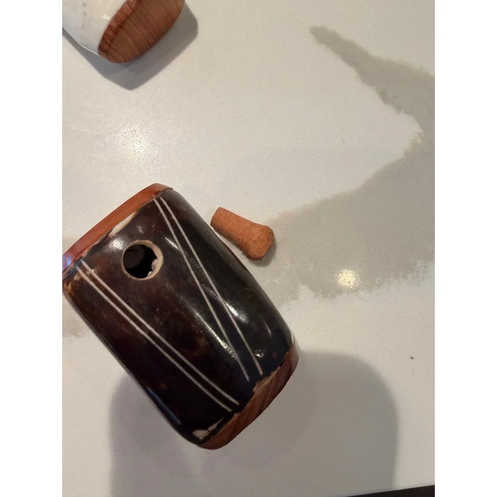 Tiki Face Salt and Pepper Shakers Brown White Hand Carved Wood Tropical Beach